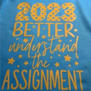 NWOT oversized sweater blue with gold lettering 2xl